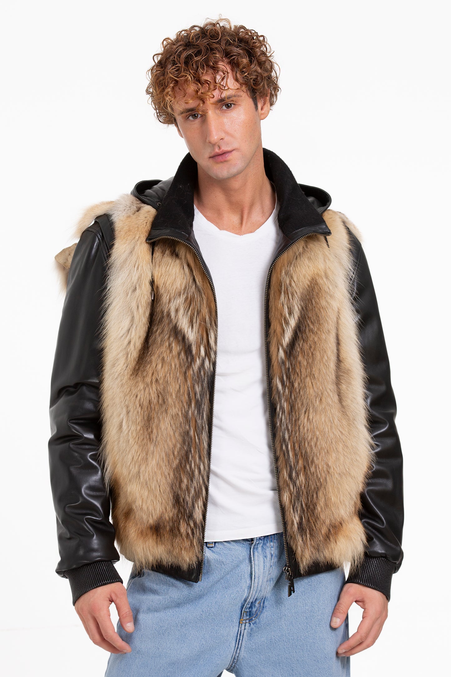 Chaqueta de piel de lobo pura de color negro para hombre de Melbourne 