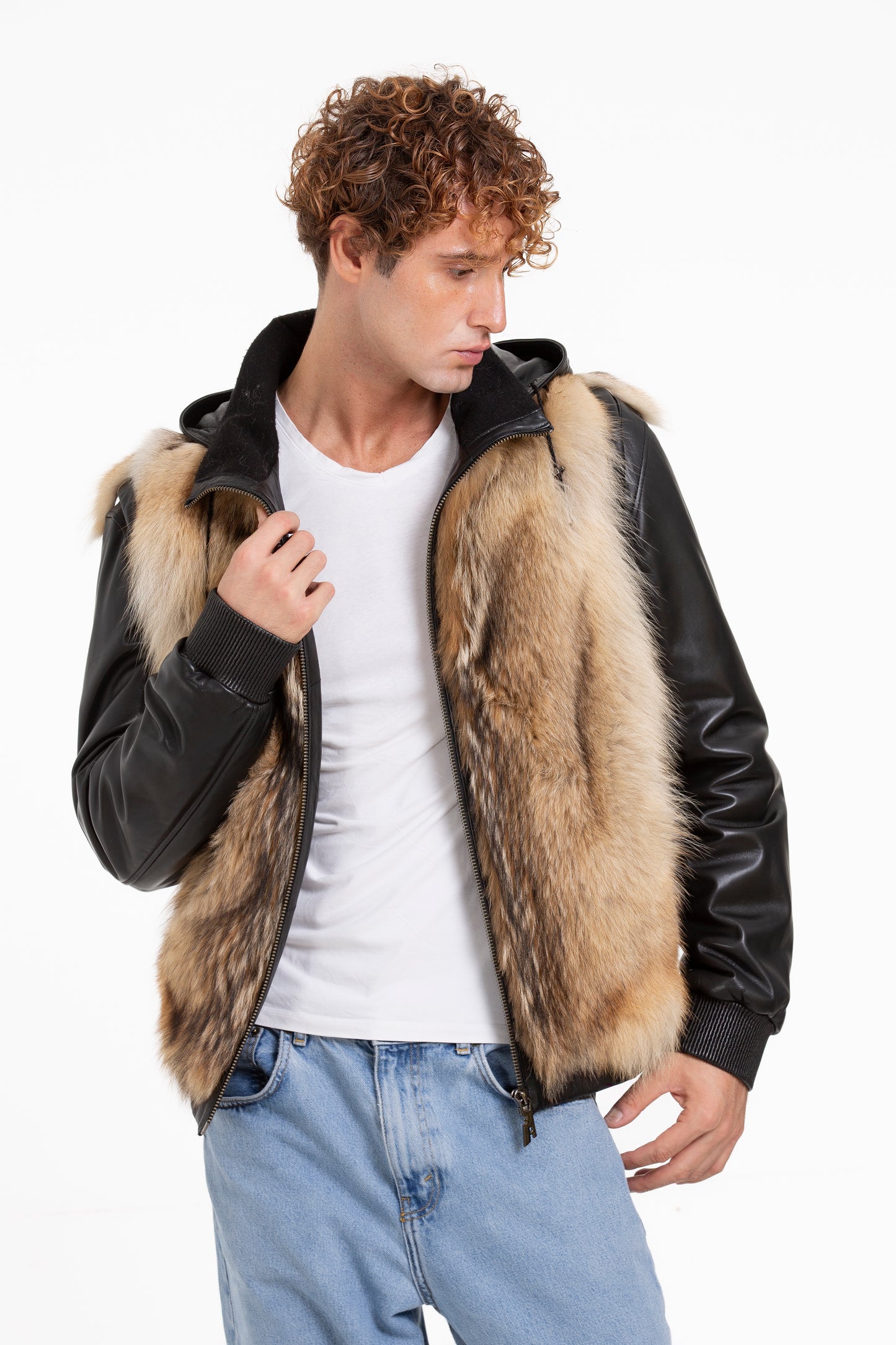 Chaqueta de piel de lobo pura de color negro para hombre de Melbourne 