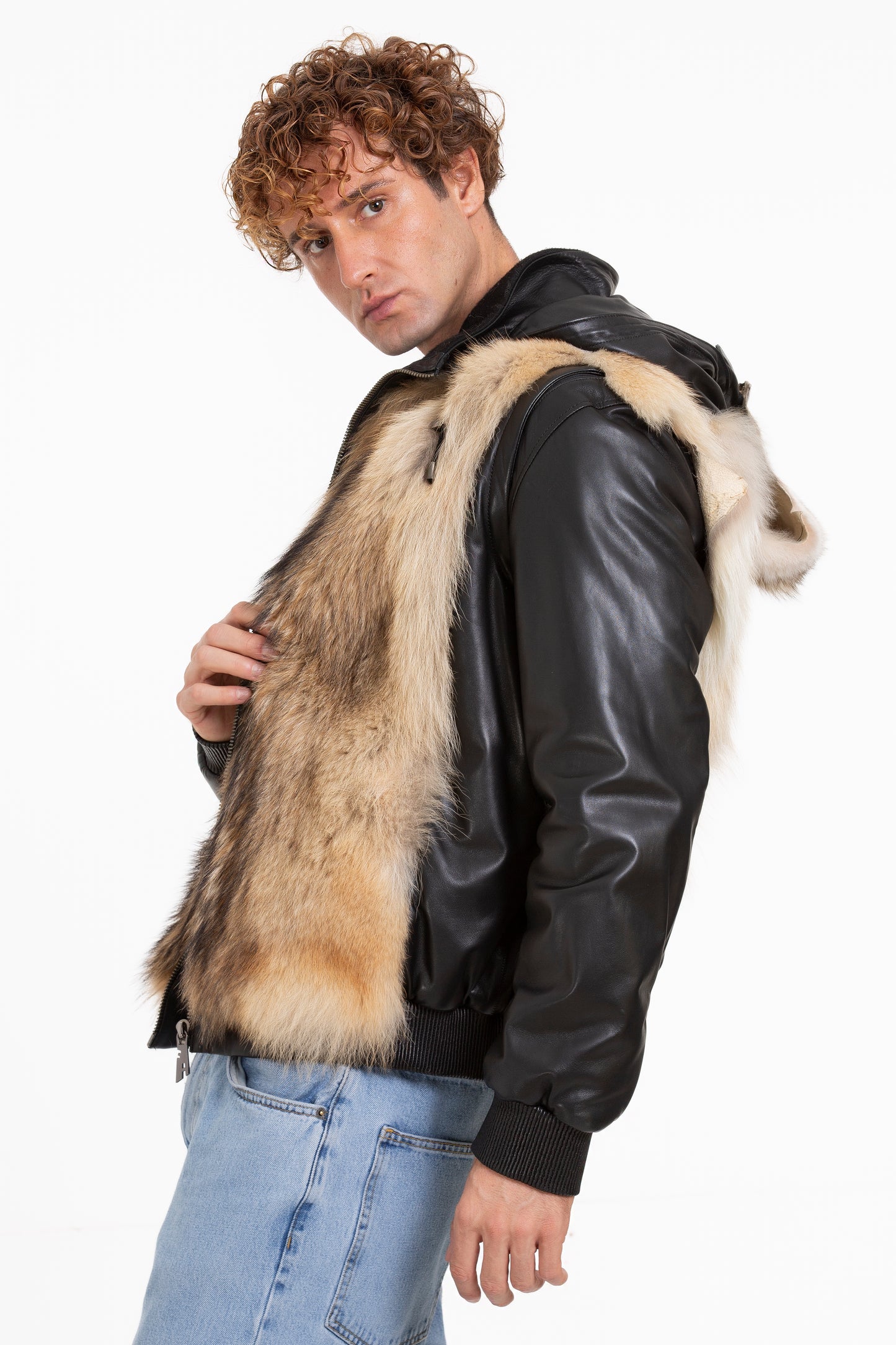 Chaqueta de piel de lobo pura de color negro para hombre de Melbourne 