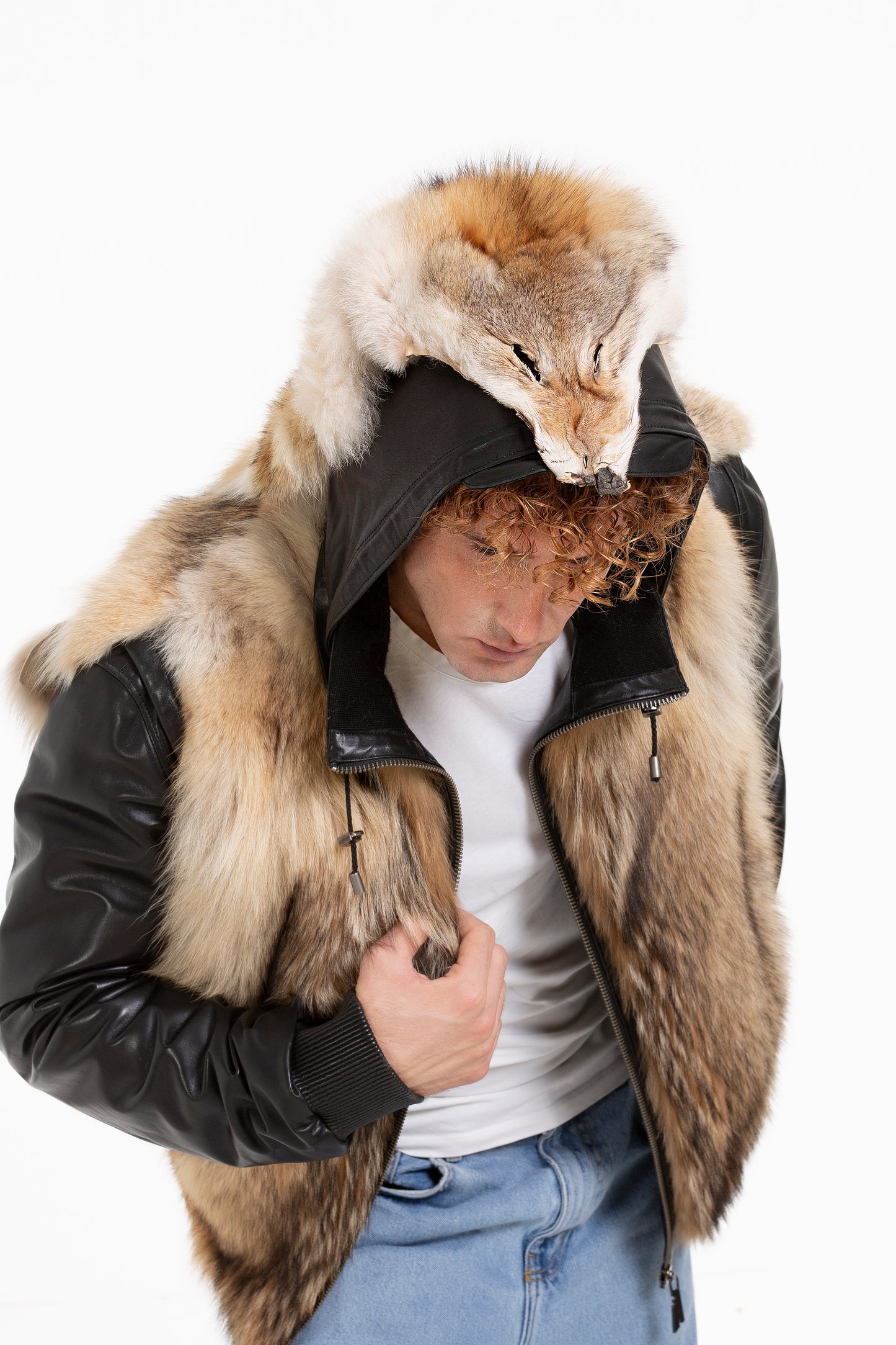 Chaqueta de piel de lobo pura de color negro para hombre de Melbourne 