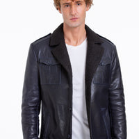 The Ponsonby Navy Blue Leather Shearling Men Jacket