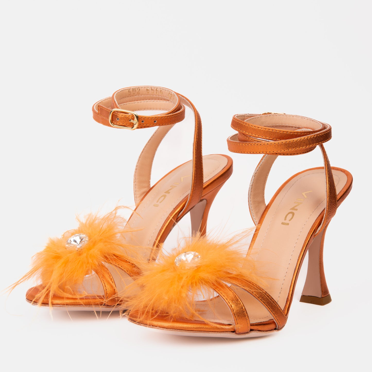 ¡Sandalia de mujer con correa al tobillo de cuero naranja Siena con plumas, venta final!