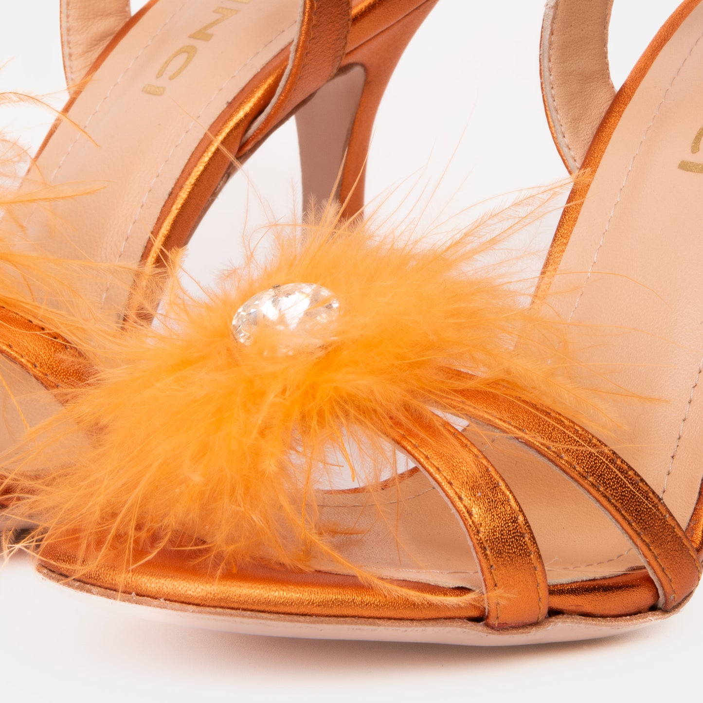 ¡Sandalia de mujer con correa al tobillo de cuero naranja Siena con plumas, venta final!