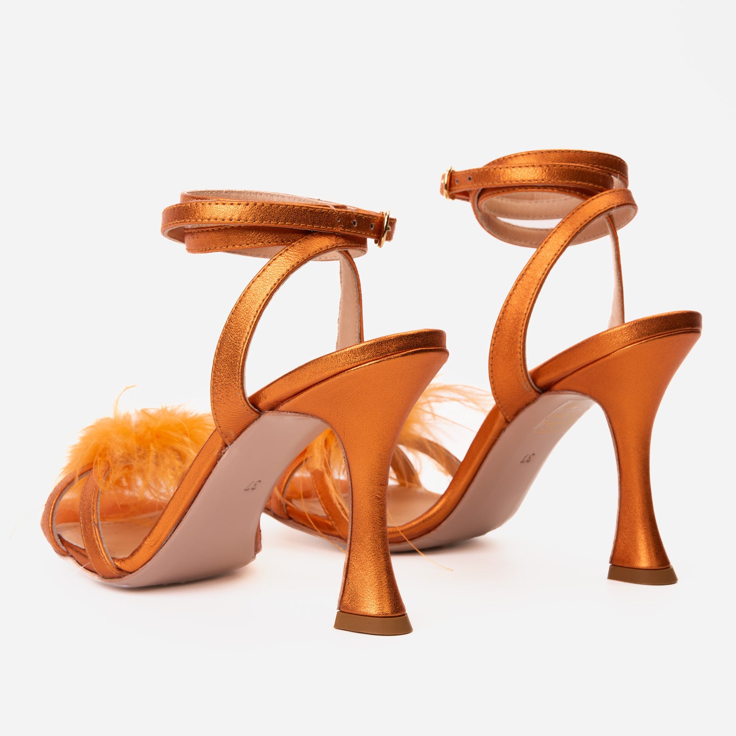 ¡Sandalia de mujer con correa al tobillo de cuero naranja Siena con plumas, venta final!