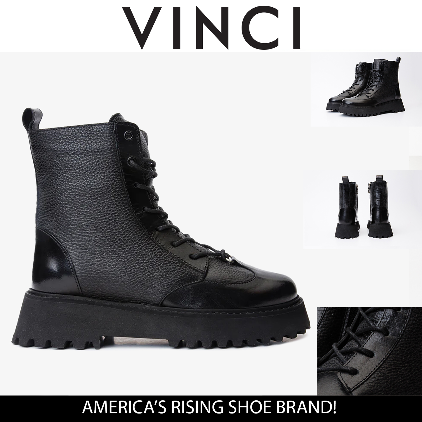 The Yildiz Black Leather Lace-Up Ankle Women  Boot With a Side Zipper