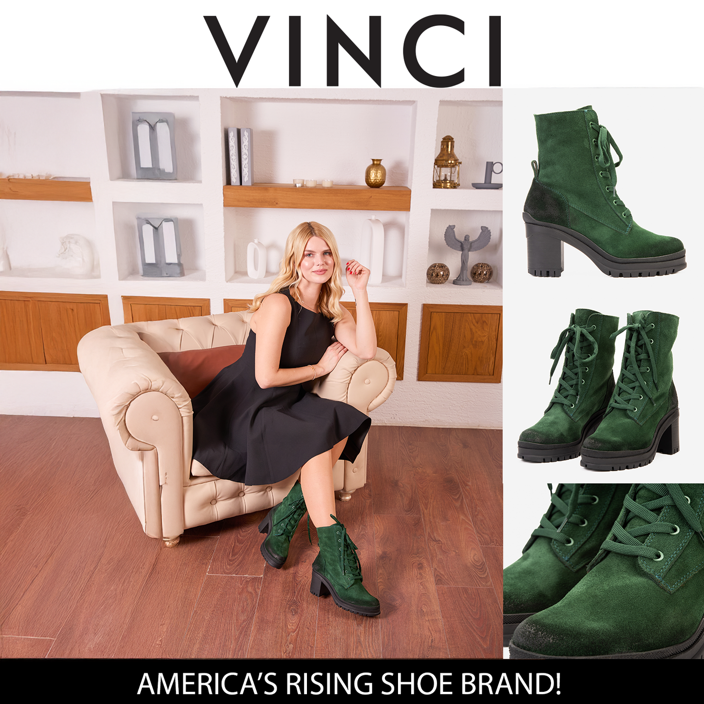 Las botas de mujer Elera de cuero verde con tacón cuadrado
