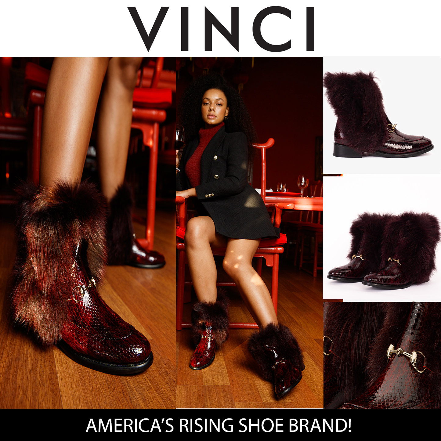 The Izmir Burgundy Patent Leather Natural Fur Mid Calf Women Boot