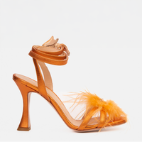 ¡Sandalia de mujer con correa al tobillo de cuero naranja Siena con plumas, venta final!