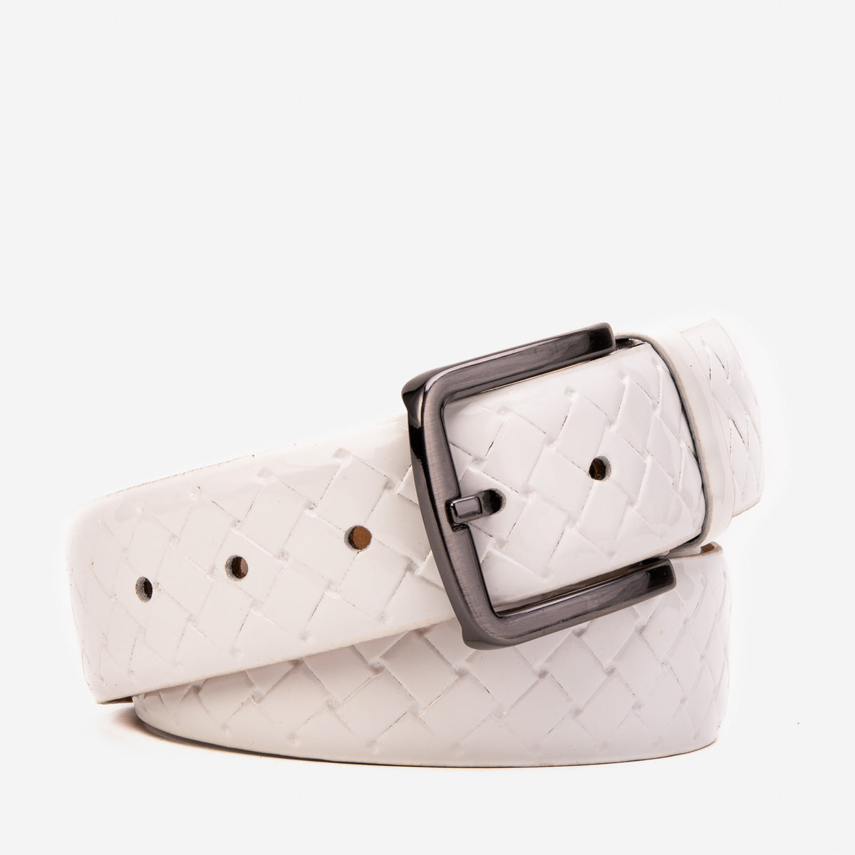 The Turan White Patent Leather Woven-Embossed Men Belt