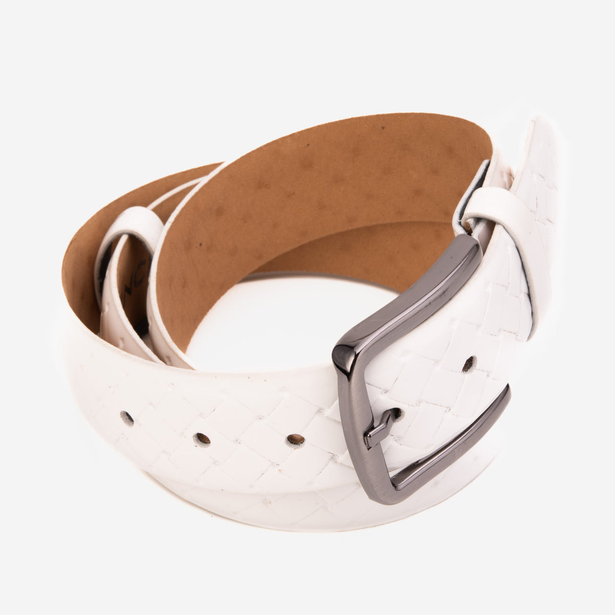 The Turan White Patent Leather Woven-Embossed Men Belt