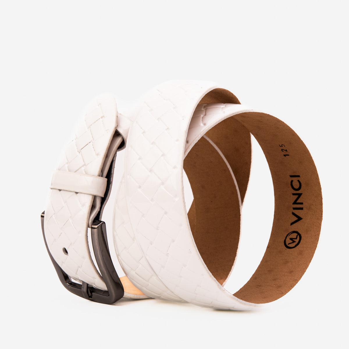 The Turan White Patent Leather Woven-Embossed Men Belt