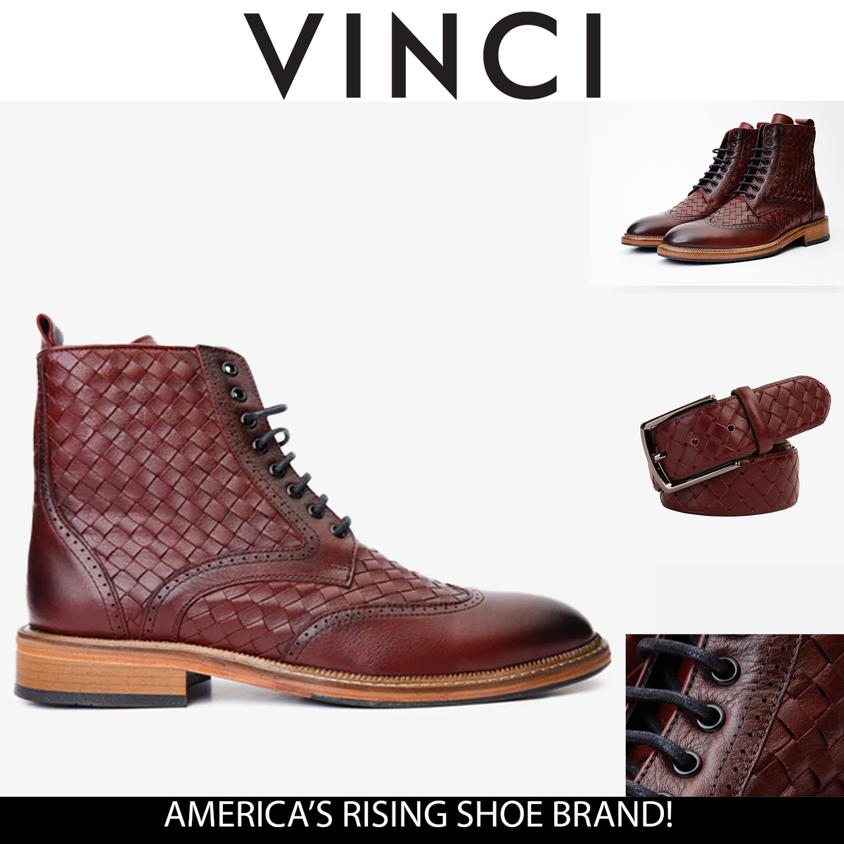 Bota de hombre Loddon de piel burdeos con puntera de ala, estilo brogue, tejida a mano, con cordones y cremallera