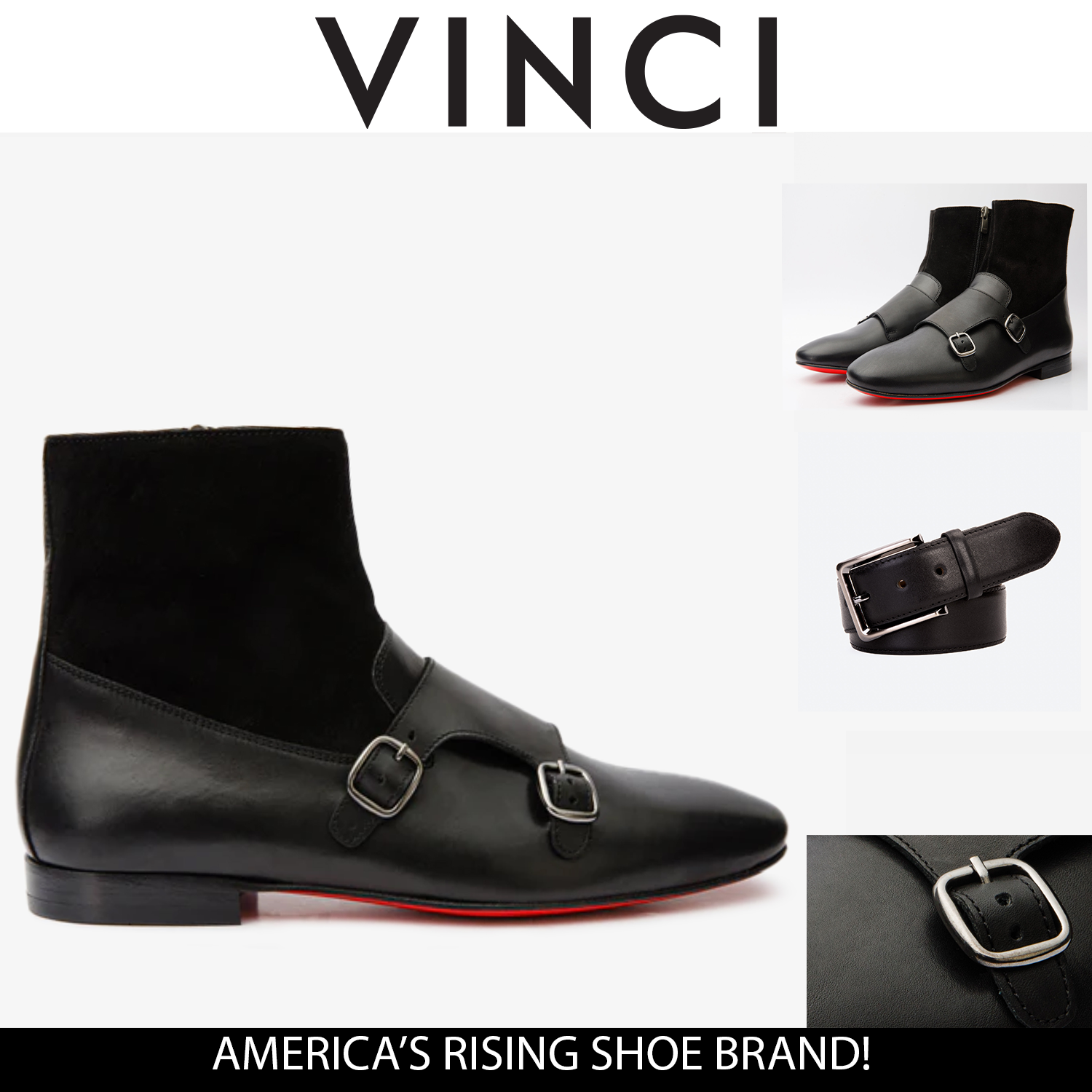 Preston Black Leather & Suede Double Monk Strap Ankle Men Boot - 3
