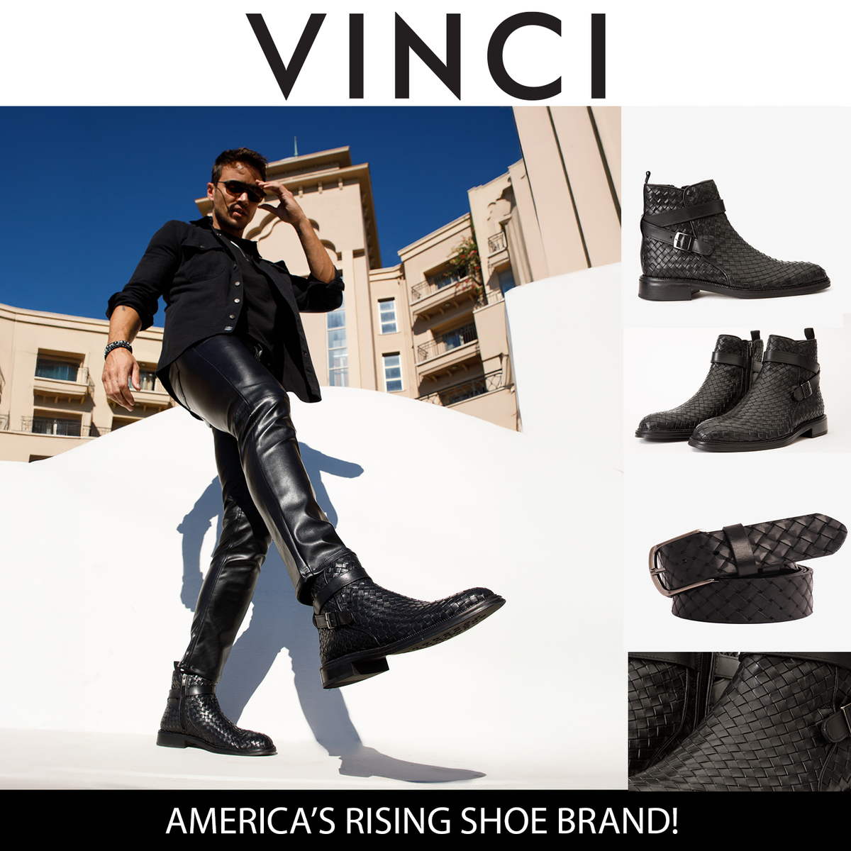 The Morral Black Handwoven Leather Cross Strap Buckle Zip-Up Men Boot