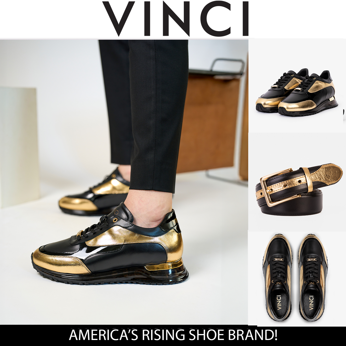 Zapatillas de deporte de cuero negro y dorado Arda para hombre