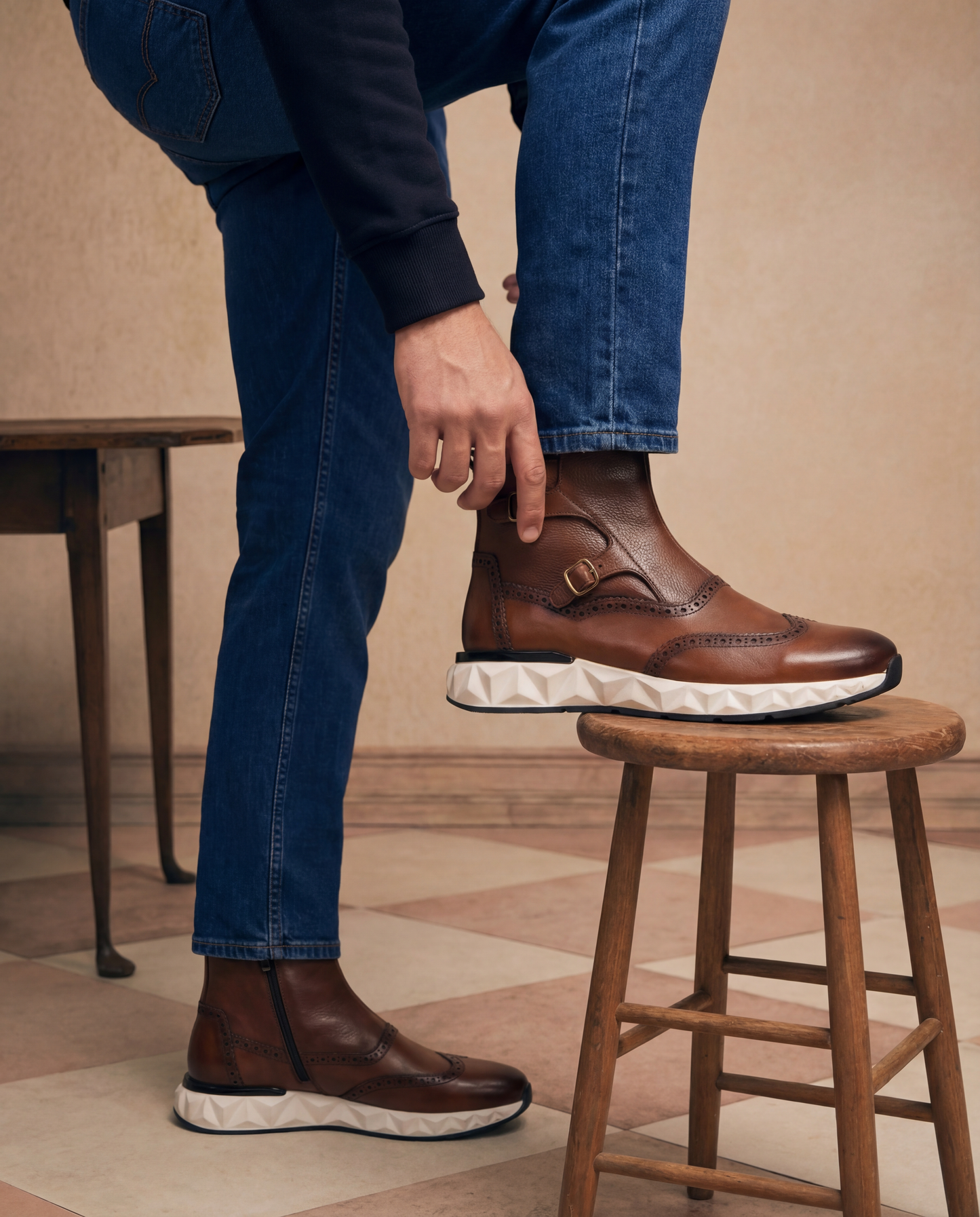 The Stealth Wingtip Buckle Tan Leather Men Boot