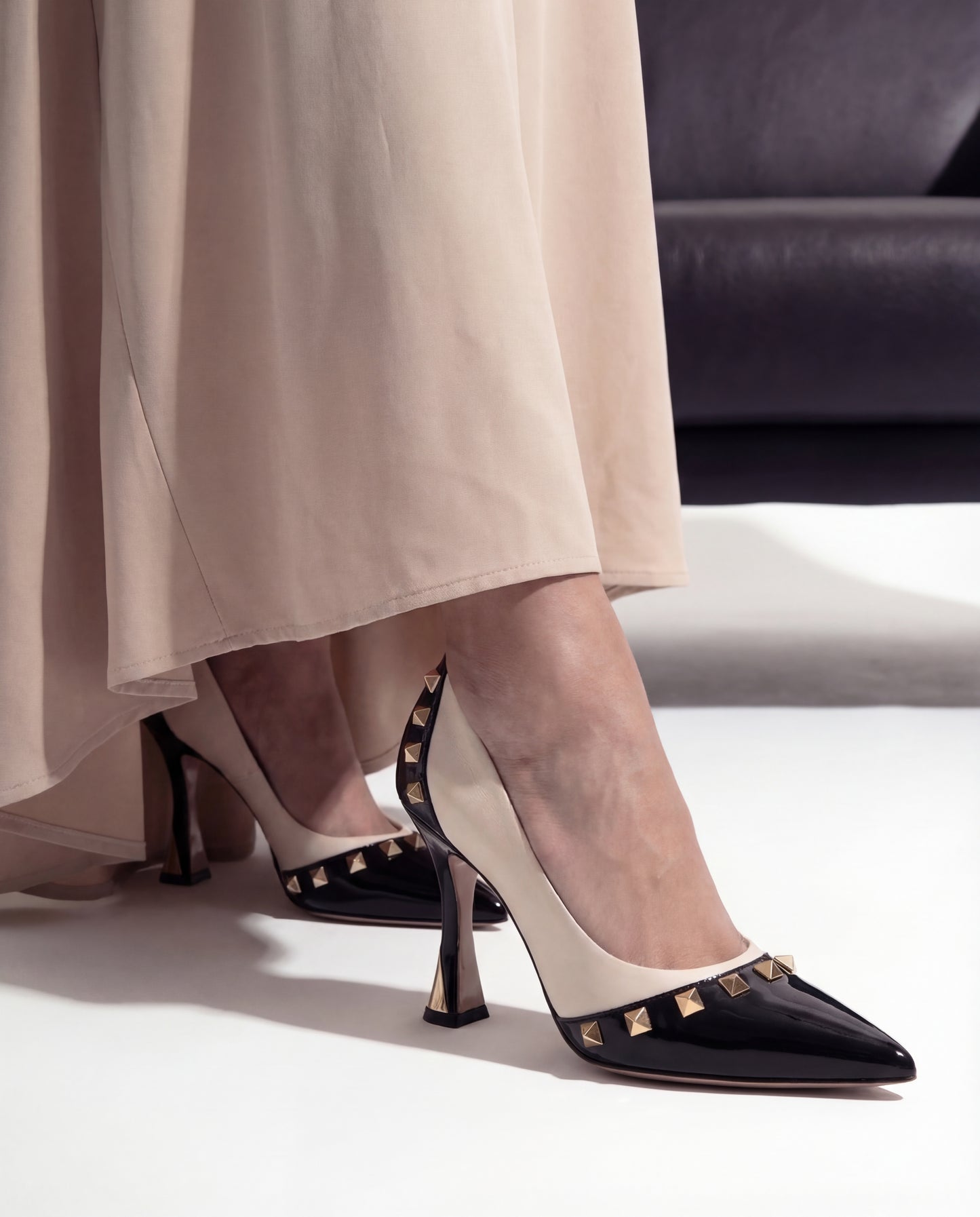 The Bella Vita Studded Beige & Black Leather Pump Women Shoe