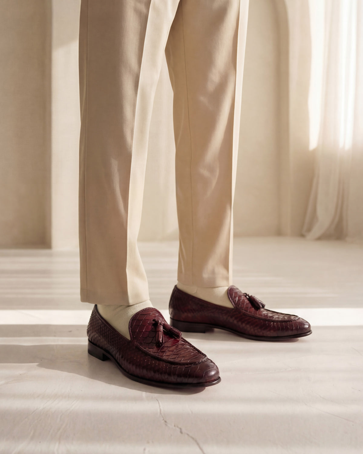 Mocasines con borlas de piel de pitón burdeos de Bethesda para hombre