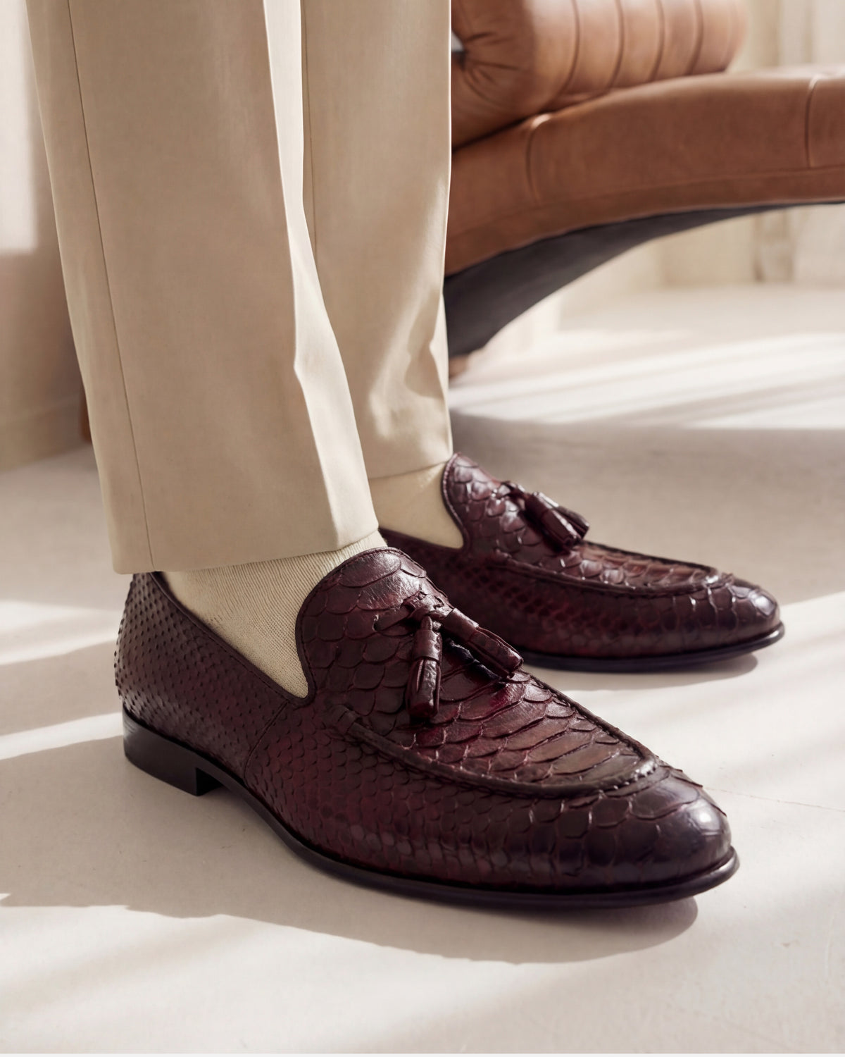 Mocasines con borlas de piel de pitón burdeos de Bethesda para hombre