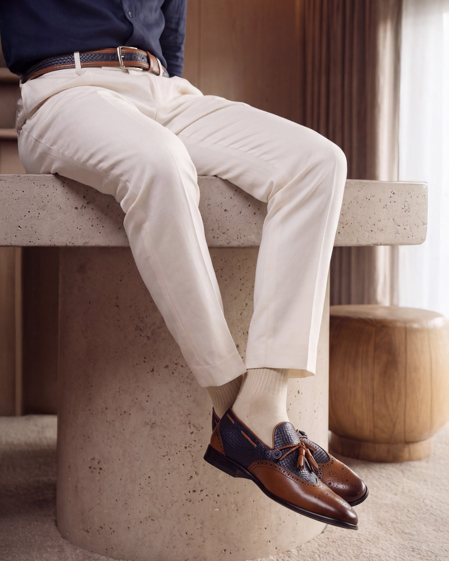 The Istanbul Tan & Navy Blue Leather Tassel Loafer Men Shoe