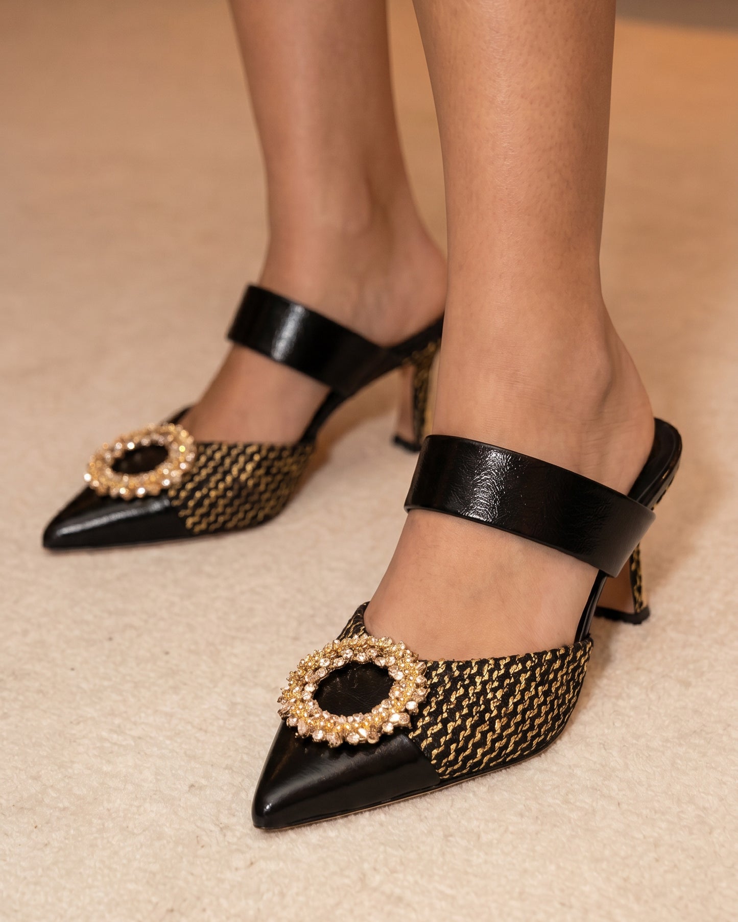 The Valencia Black & Gold Jewel Heel Women Mule Sandal