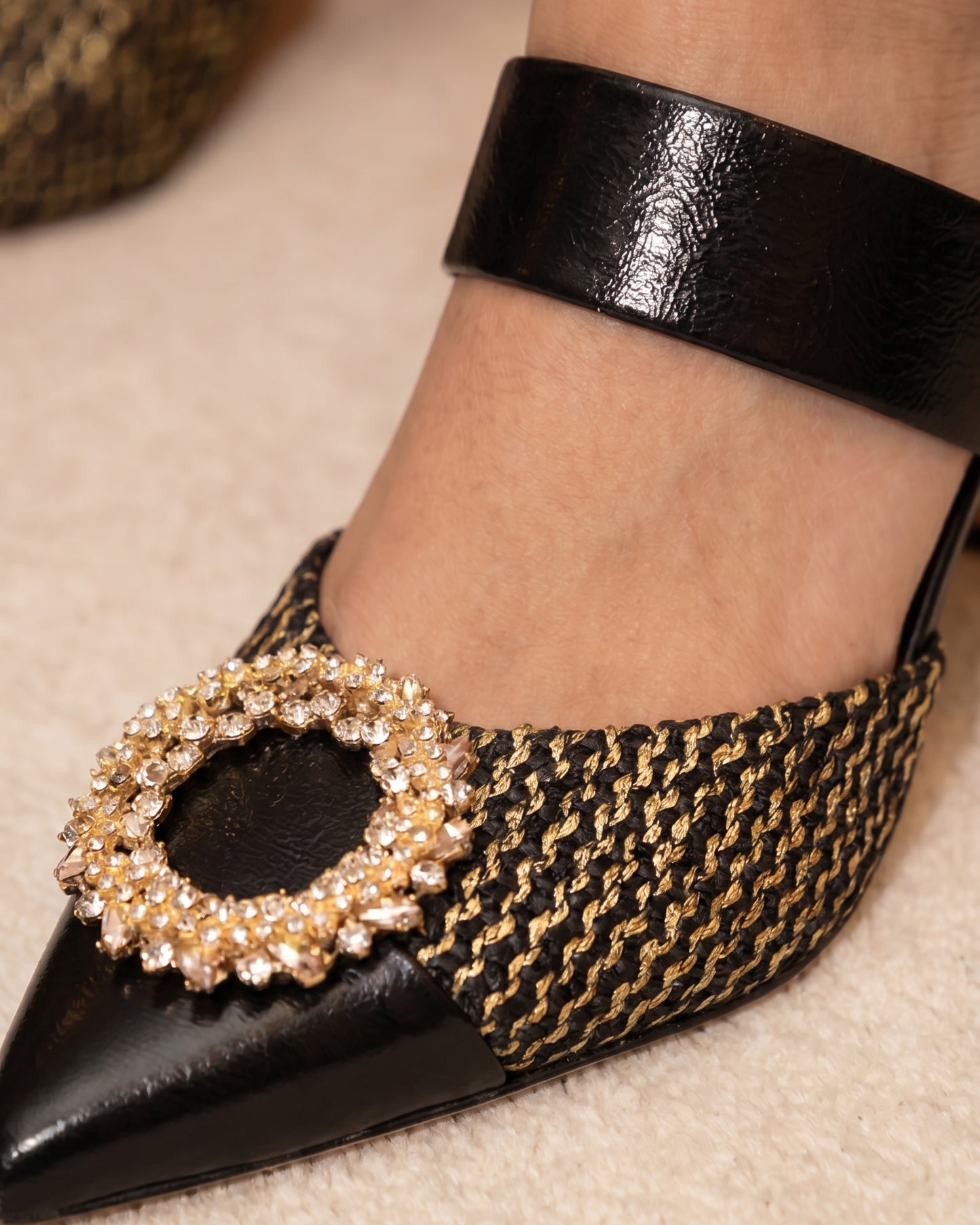 The Valencia Black & Gold Jewel Heel Women Mule Sandal