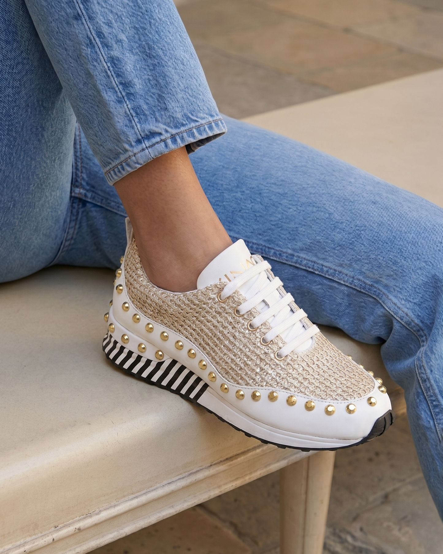 The Aurelia White Gold Woven Leather Women Sneaker
