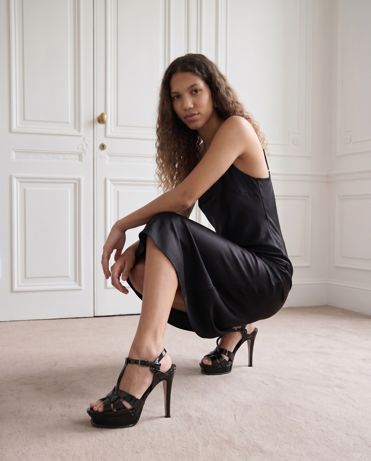 The Parisian Black Patent Leather T-Strap Platform Heel Women Sandal
