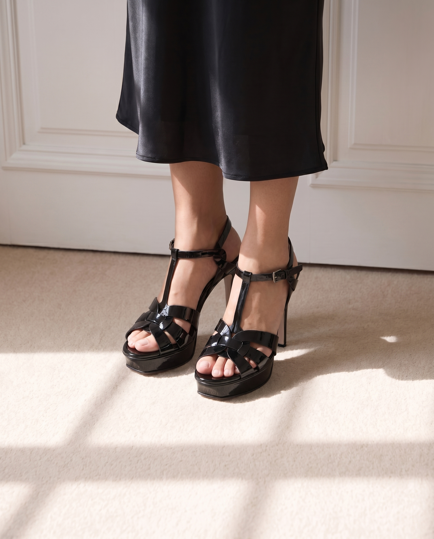 The Parisian Black Patent Leather T-Strap Platform Heel Women Sandal