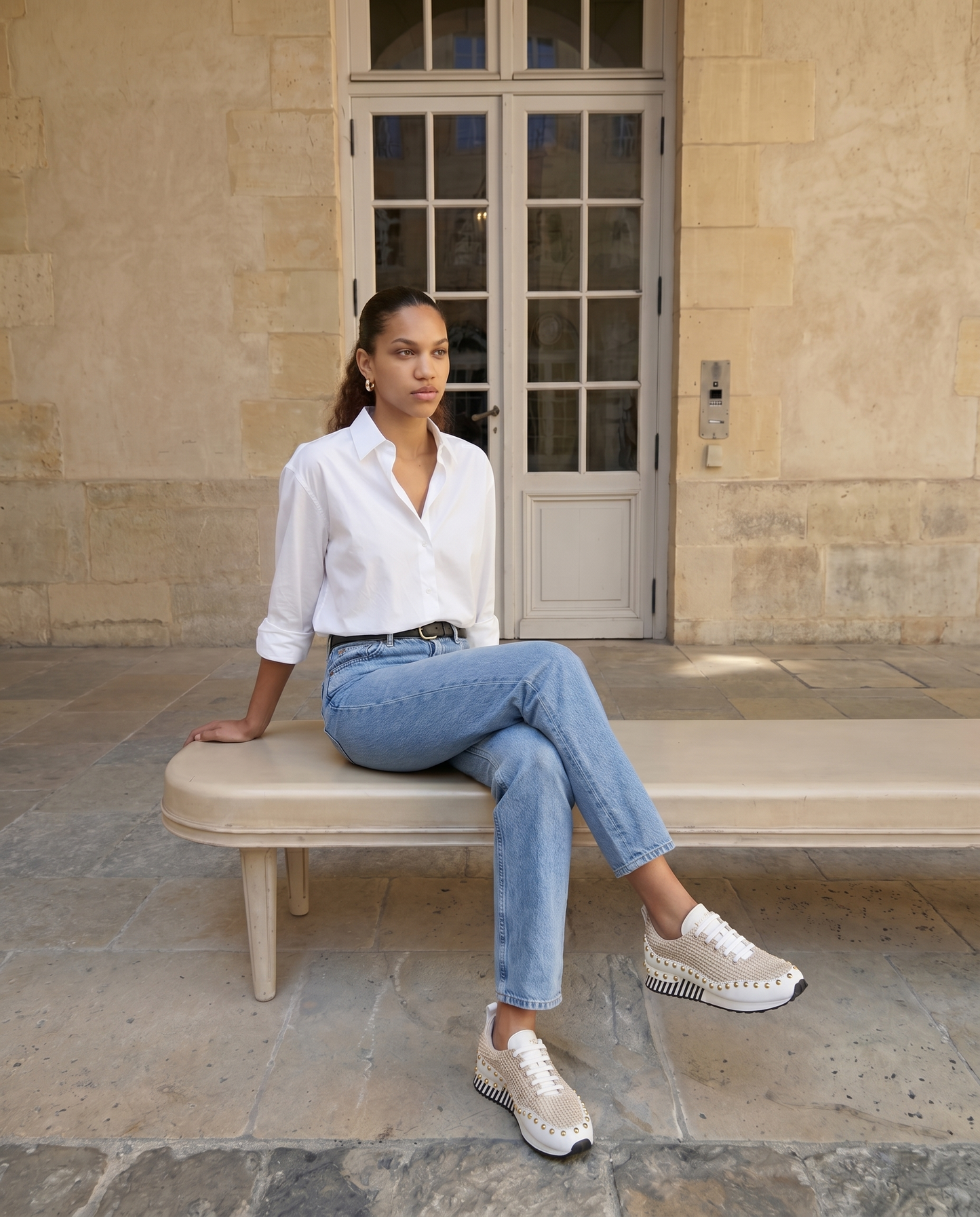 The Aurelia White Gold Woven Leather Women Sneaker