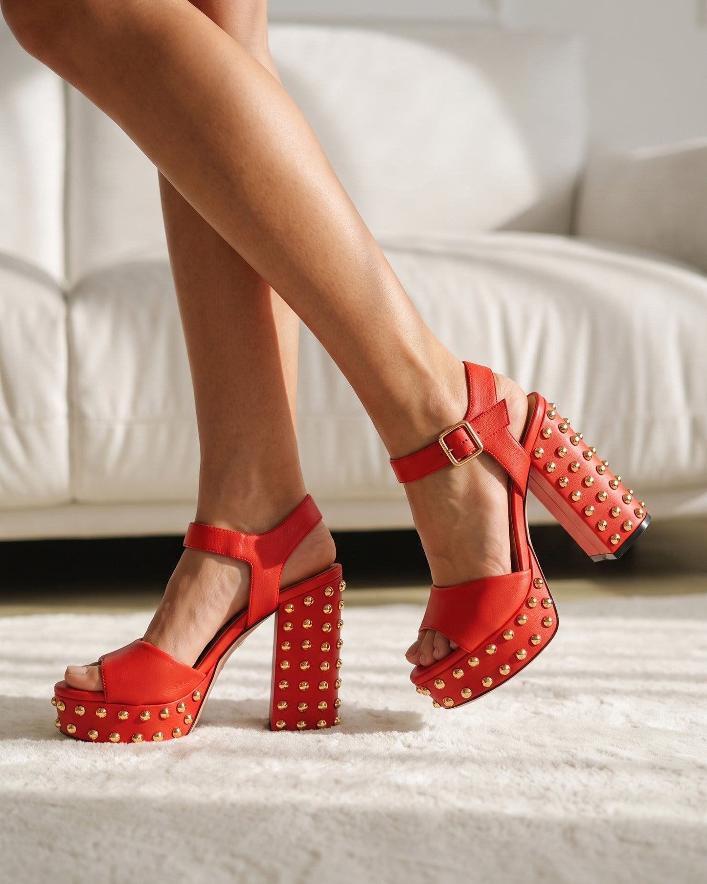 The Celestia Coral Red Leather Platform Heel Women Sandal