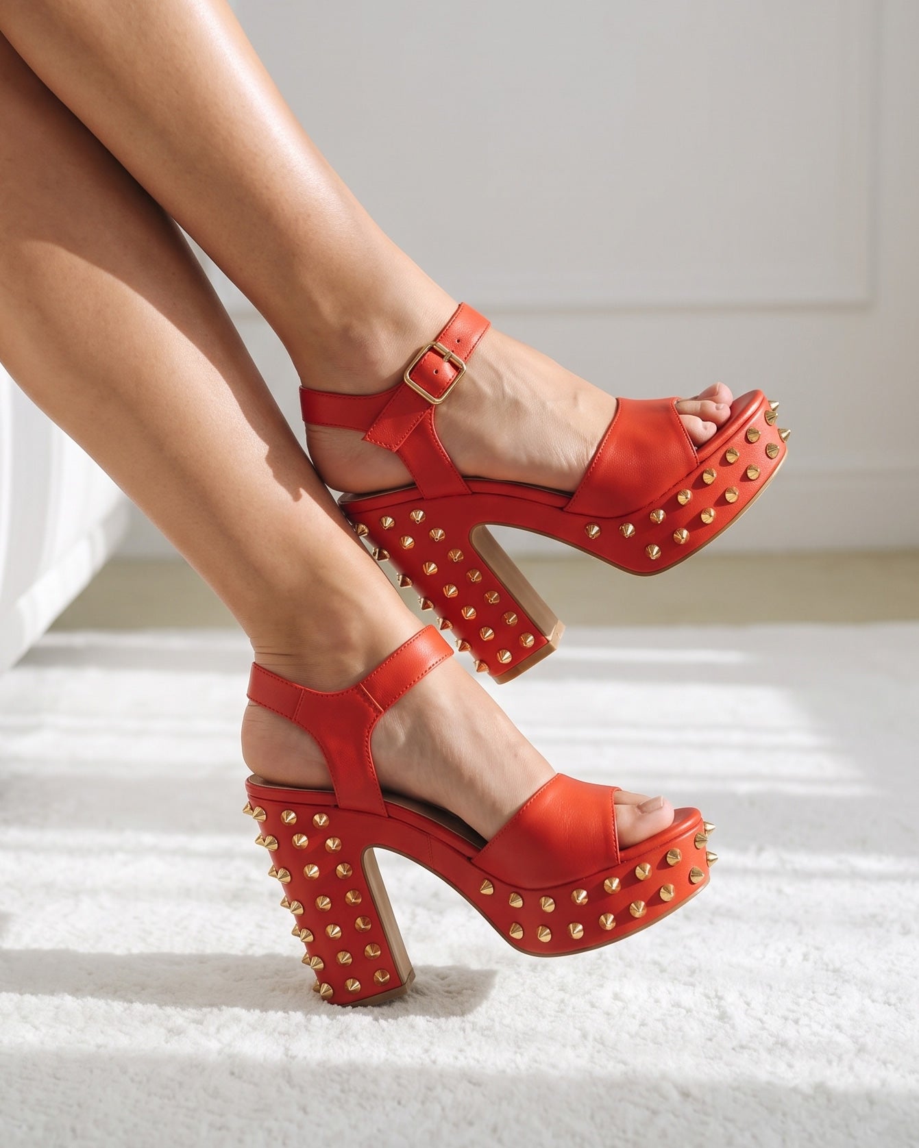 The Celestia Coral Red Leather Platform Heel Women Sandal