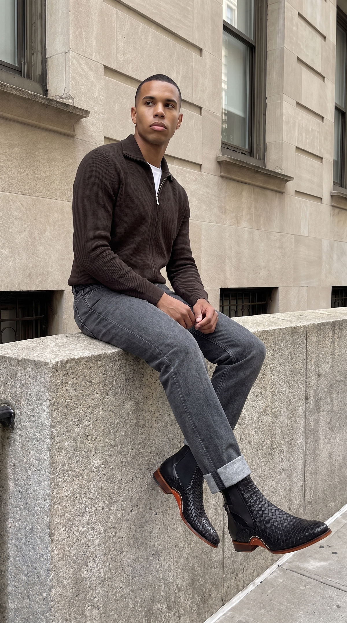 Zapato de hombre hecho a mano con doble hebilla y cuero negro tejido Rolls Boot