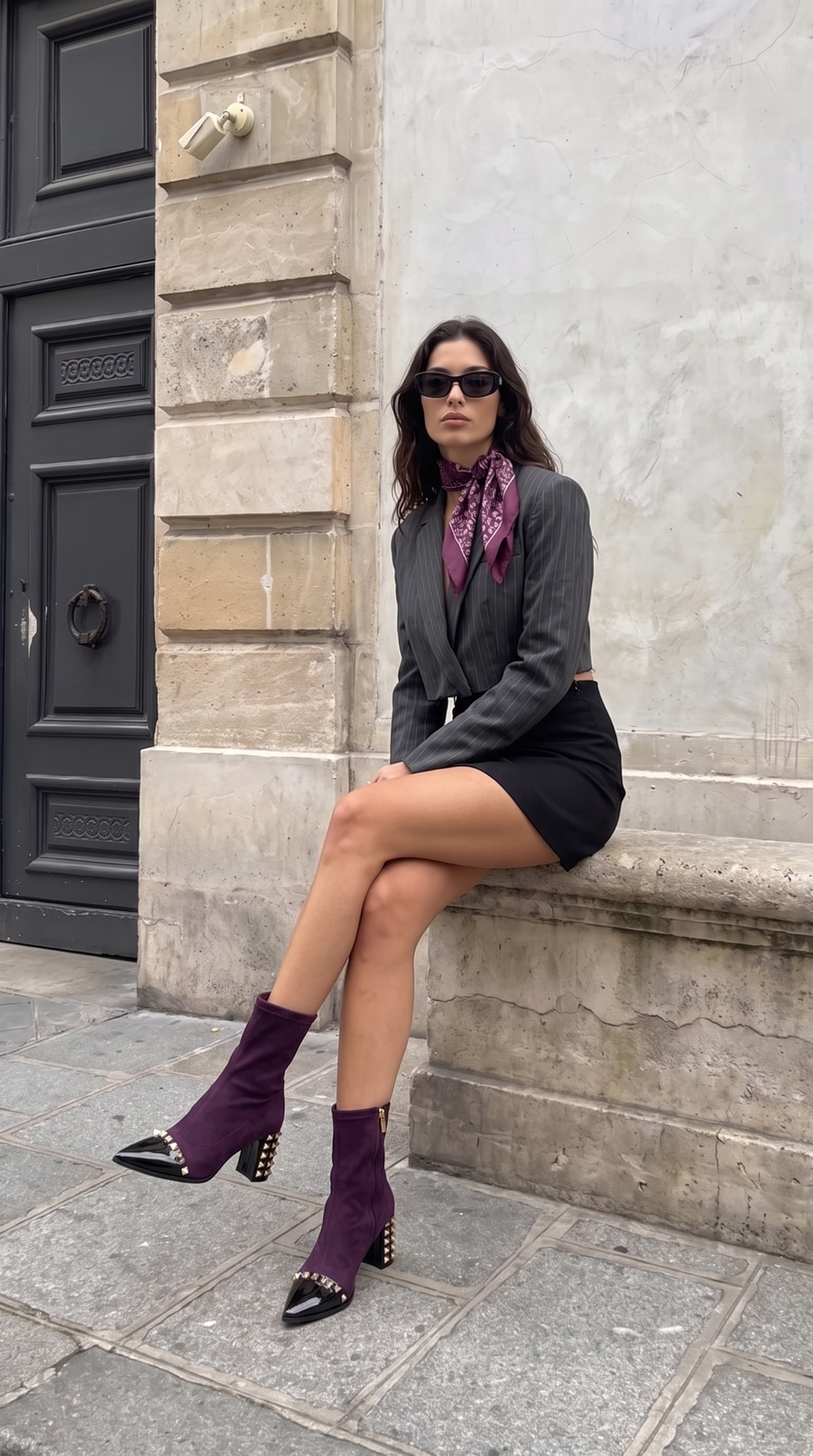 La bota de mujer de ante sintético púrpura intenso con tachuelas y amatista