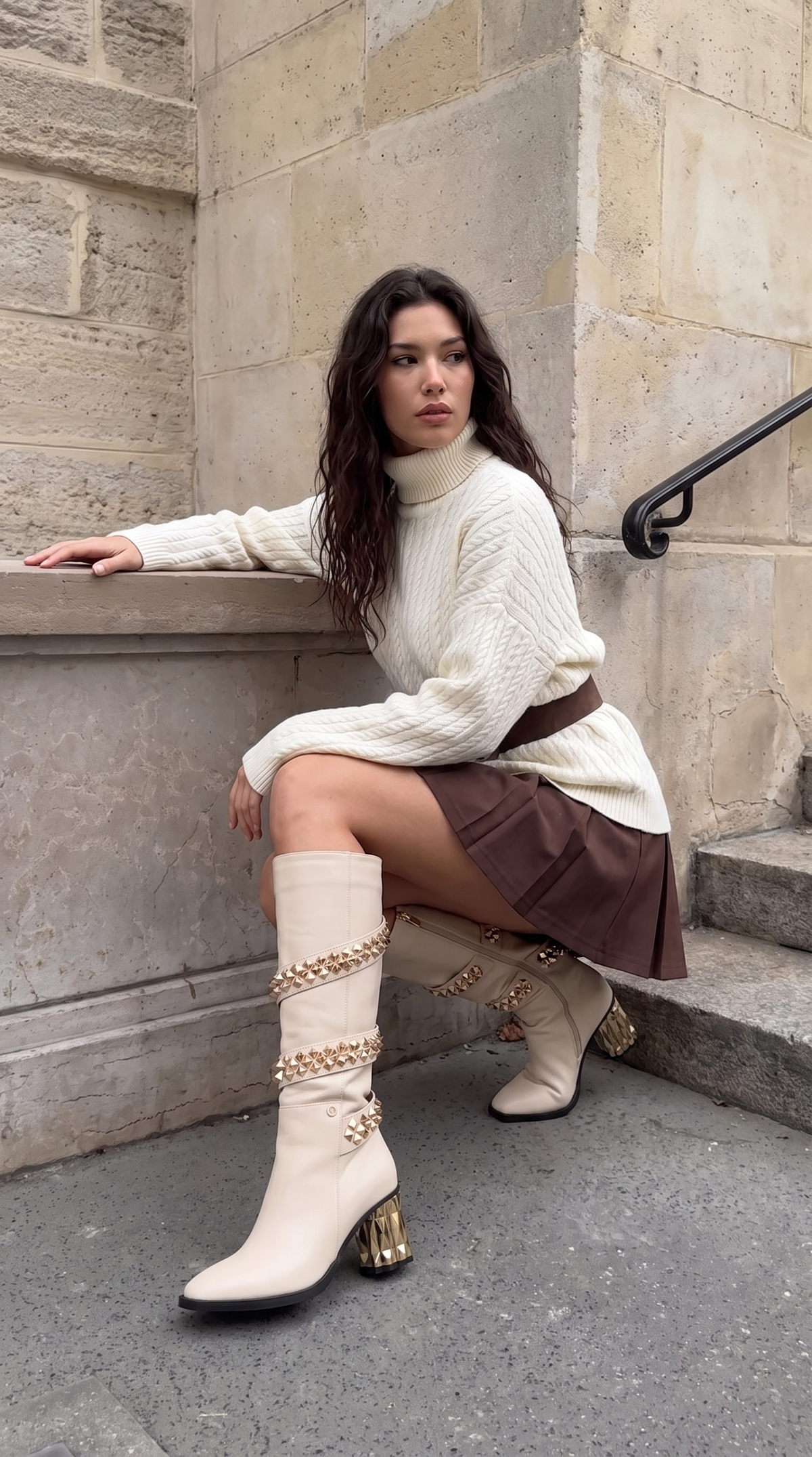 Bota hasta la rodilla de cuero negro Gladiator para mujer