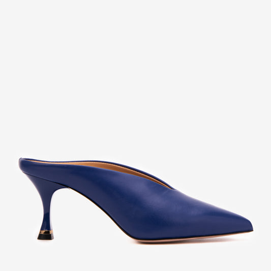 The Solara Navy Blue Leather Women Mule Heel
