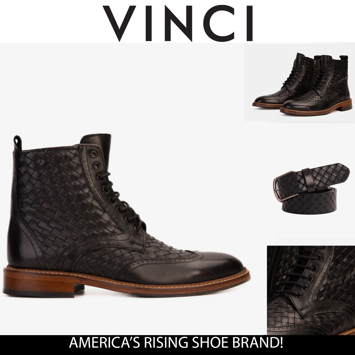 Bota de hombre Loddon de cuero negro con punta de ala, brogue, tejida a mano, con cordones y cremallera