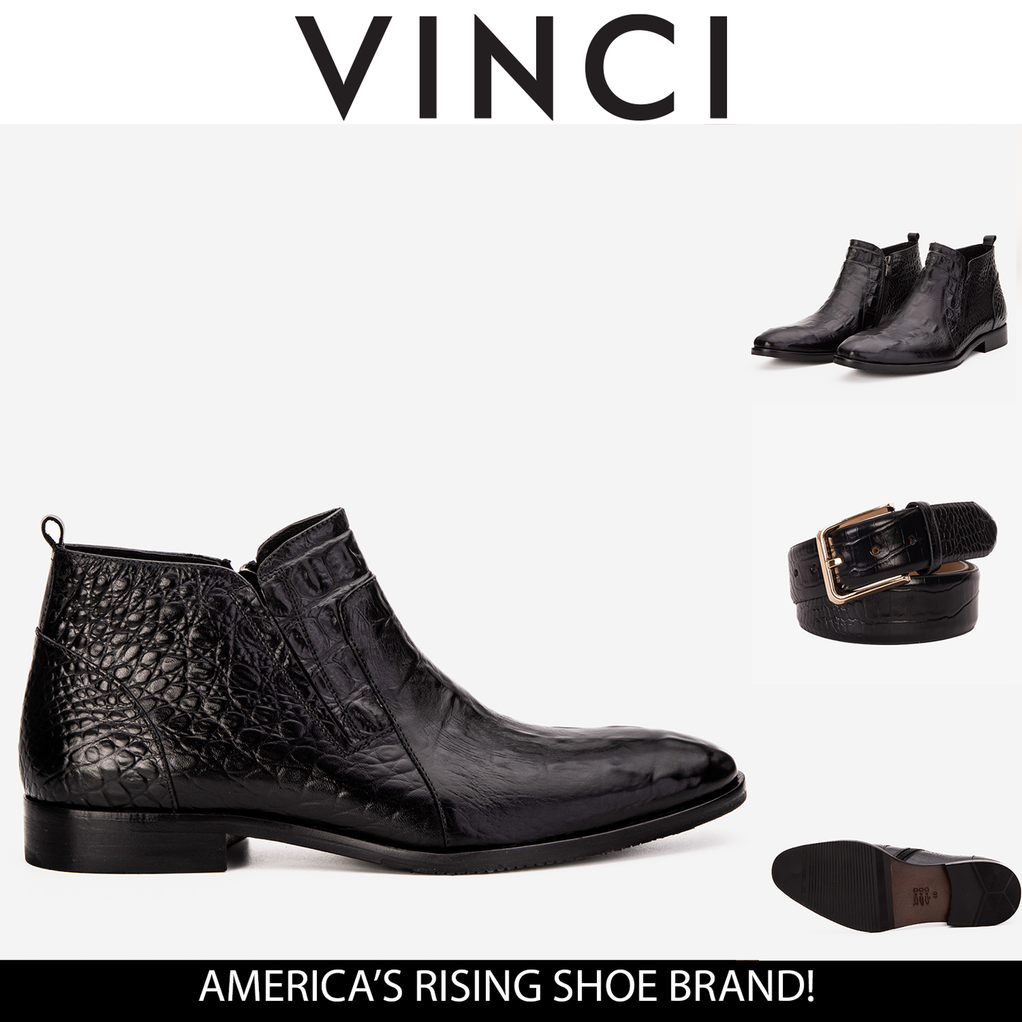 The Randor Black Croc-Embossed Calf Leather Side-Zip Dress Ankle Men Boot