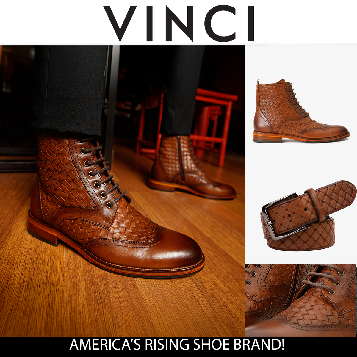 Bota de hombre Loddon de cuero color canela con punta de ala, tejida a mano, con cordones y cremallera