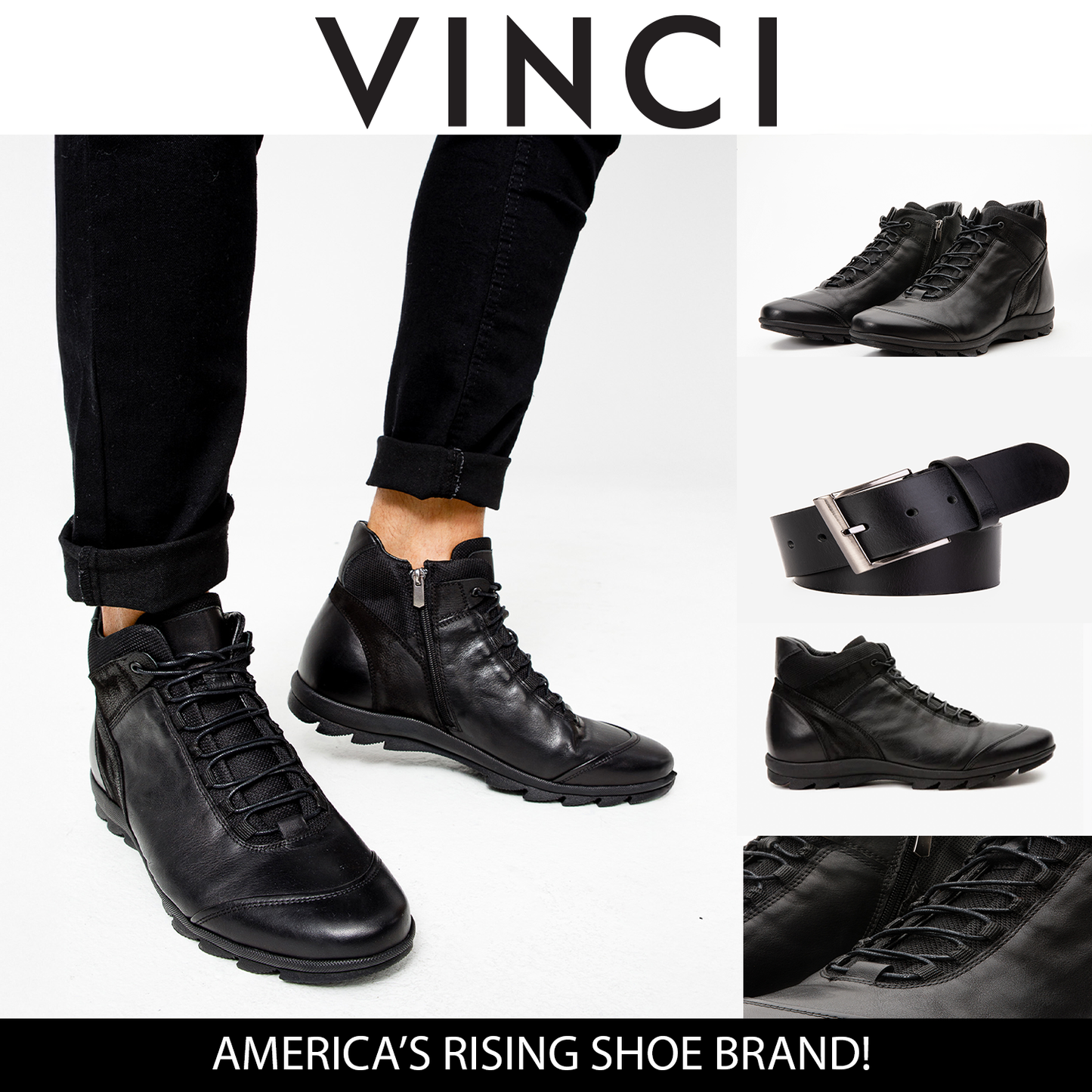 Bota casual con cordones y cremallera para hombre de cuero negro Houston