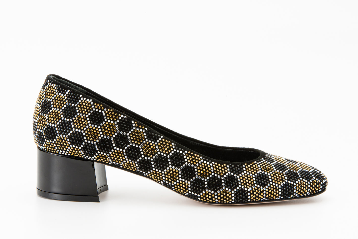 Zapatos de salón con tacón de bloque de piel con purpurina dorada y negra de Doha para mujer