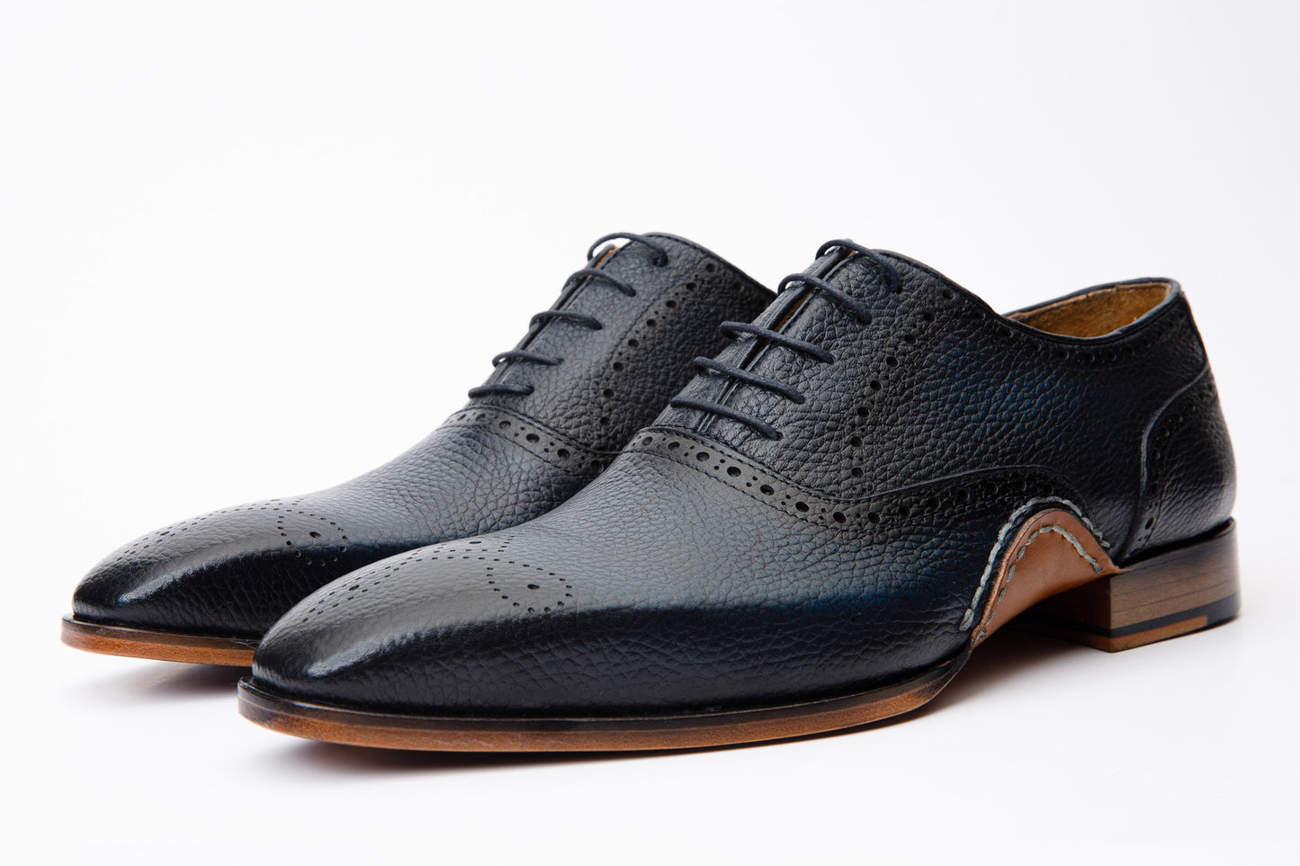 Zapato Oxford semi brogue azul marino hecho a mano Draco para hombre