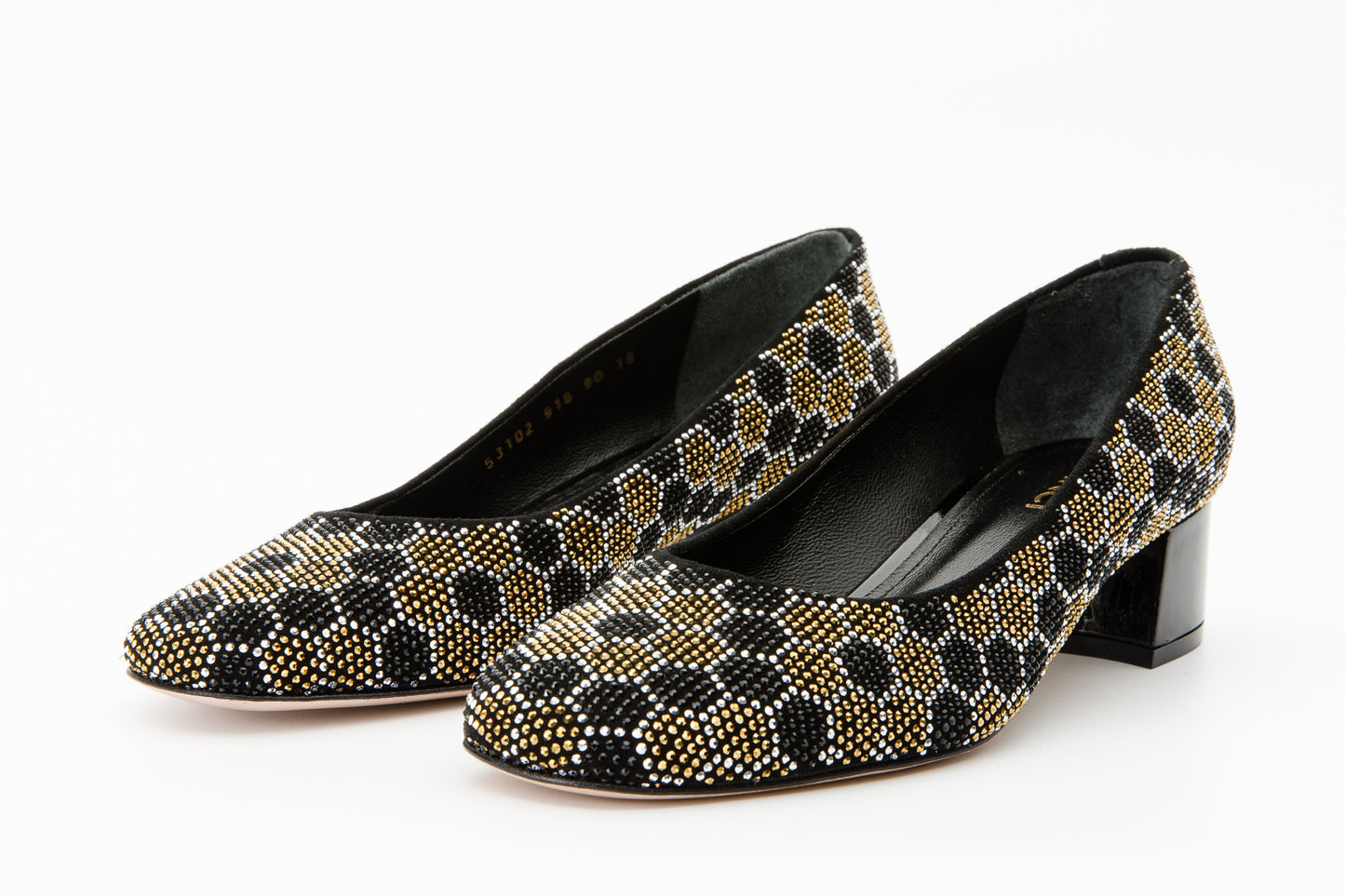 Zapatos de salón con tacón de bloque de piel con purpurina dorada y negra de Doha para mujer