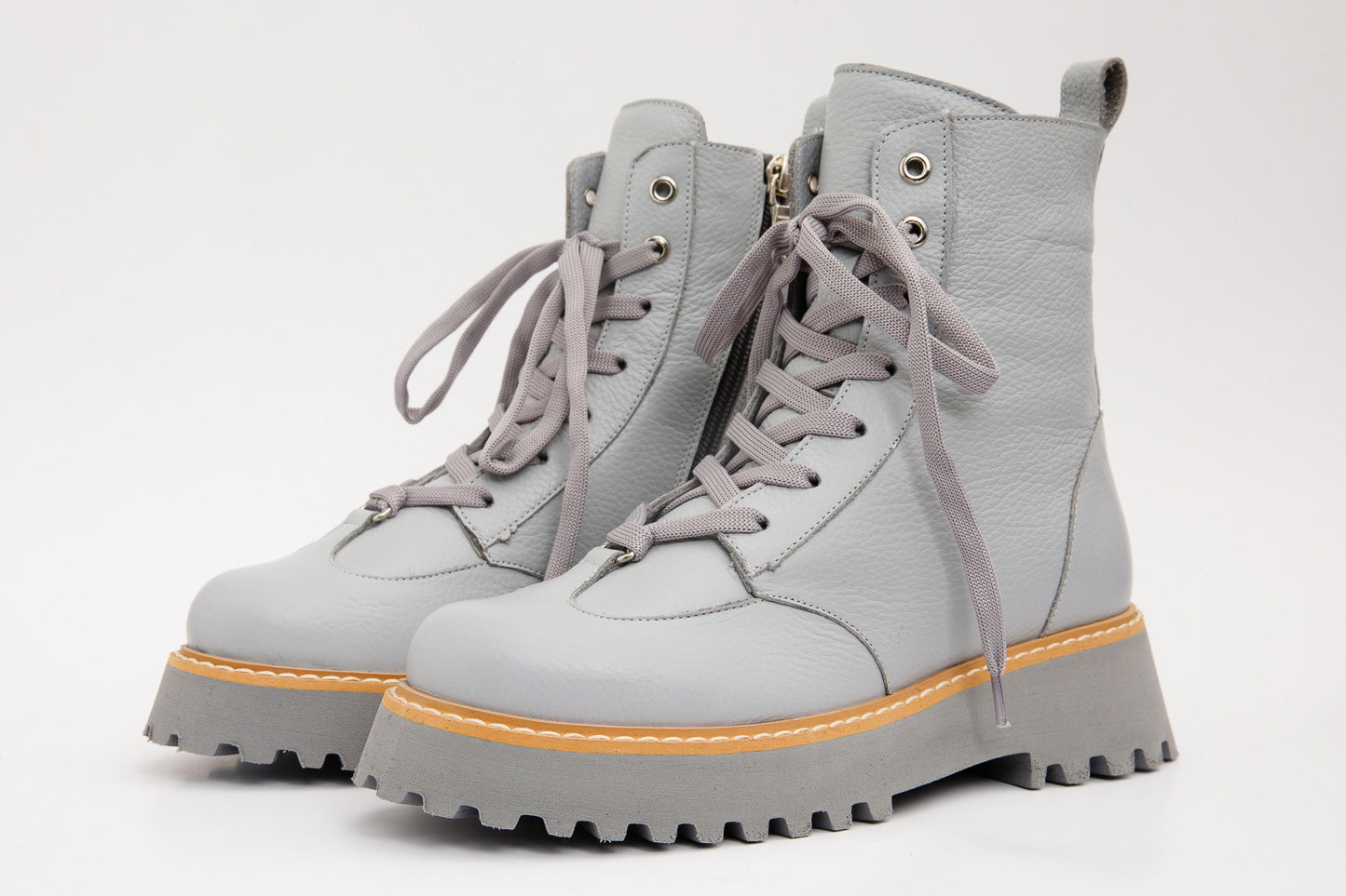 The Yildiz Gray Leather Lace-Up Ankle Women Boot With a Side Zipper