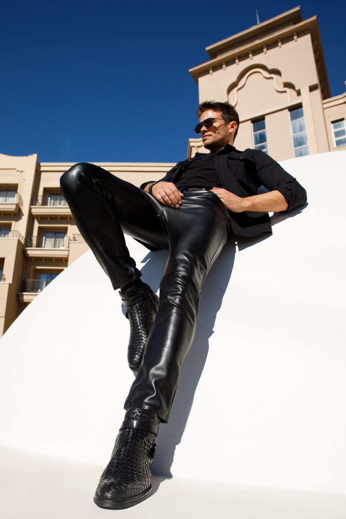 The Morral Black Handwoven Leather Cross Strap Buckle Zip-Up Men Boot