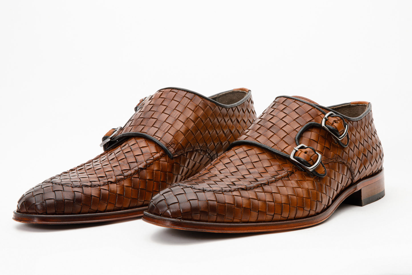 Zapatos de vestir para hombre con doble hebilla tejida en marrón Turan