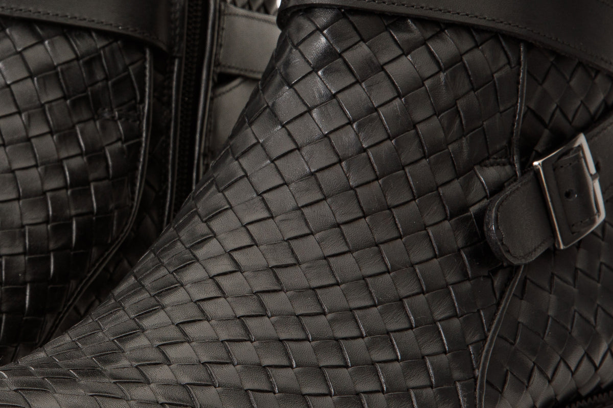 The Morral Black Handwoven Leather Cross Strap Buckle Zip-Up Men Boot