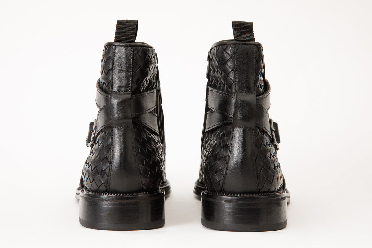 The Morral Black Handwoven Leather Cross Strap Buckle Zip-Up Men Boot