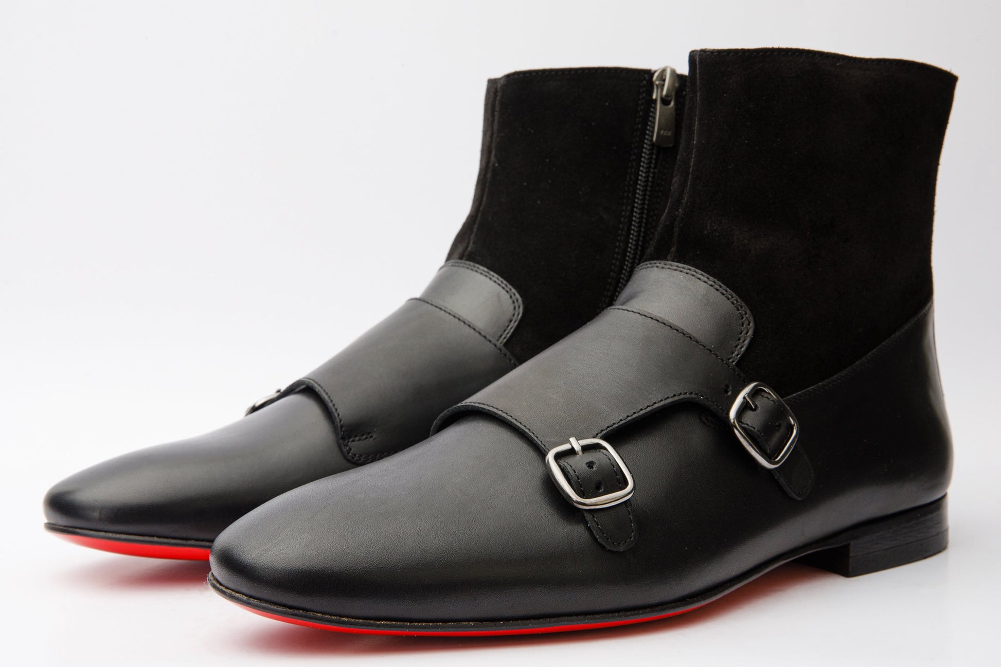 Preston Black Leather & Suede Double Monk Strap Ankle Men Boot - 2