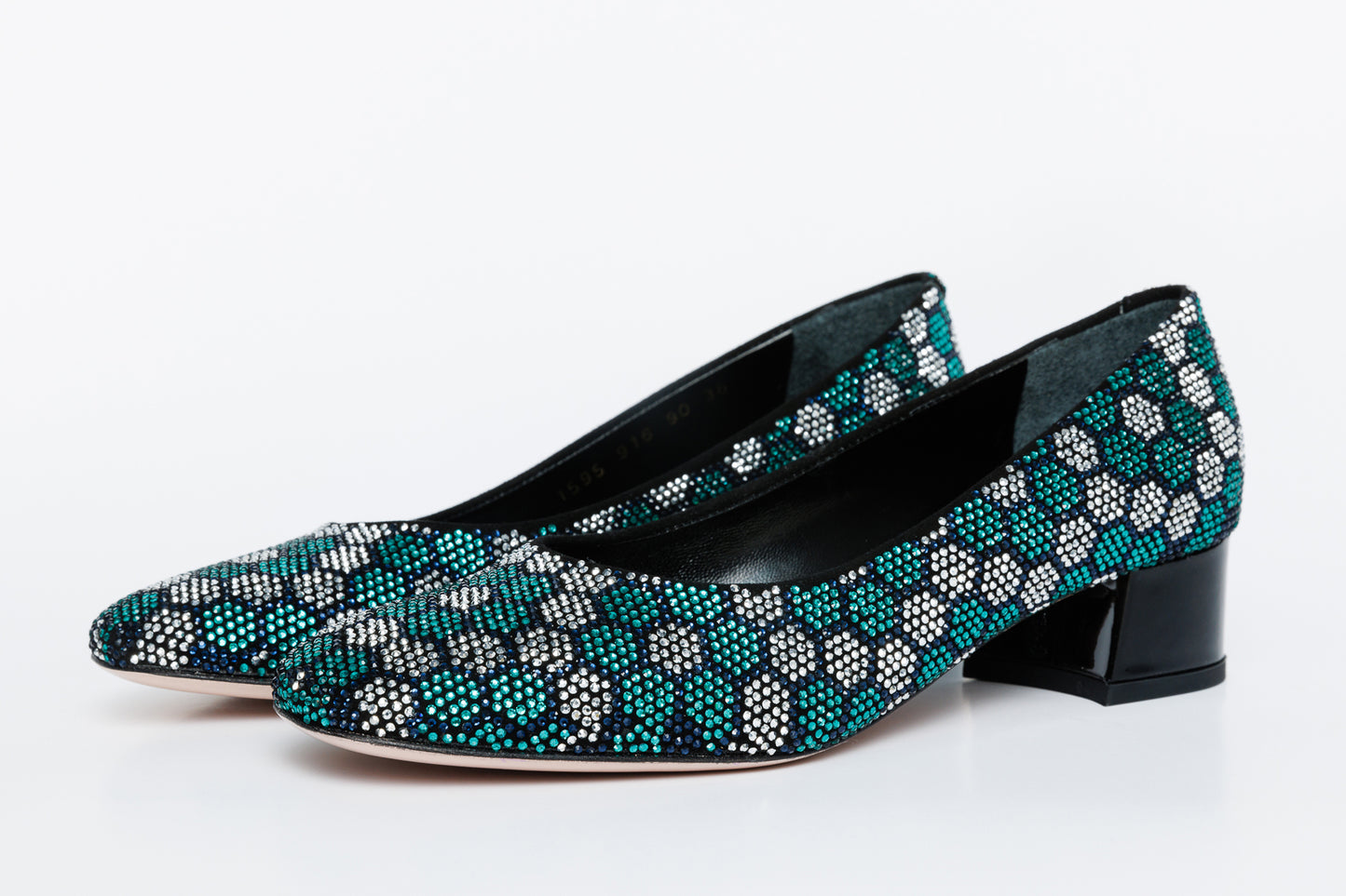 Zapatos de tacón de bloque de cuero con purpurina turquesa Doha para mujer